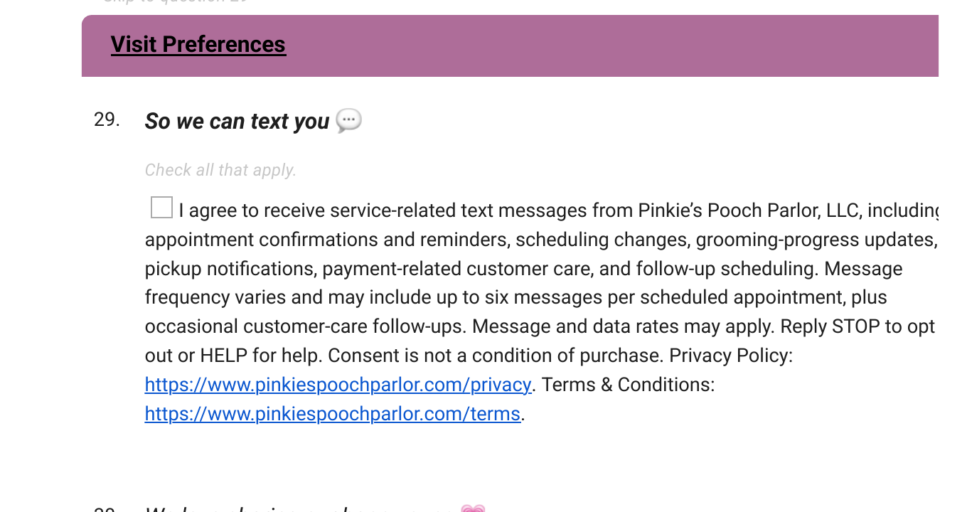 Pinkie’s customer registration form showing the Visit Preferences section and an unchecked optional SMS consent checkbox with the full disclosure.